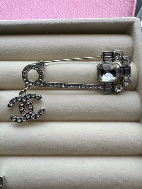 Silver Crystal Safety Pin Brooch with